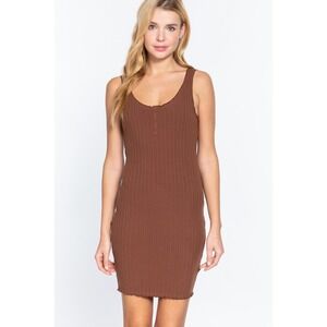 Active USA Sleeveless Double Scoop Neck Button MIni Dress‎ Brown Small 15902